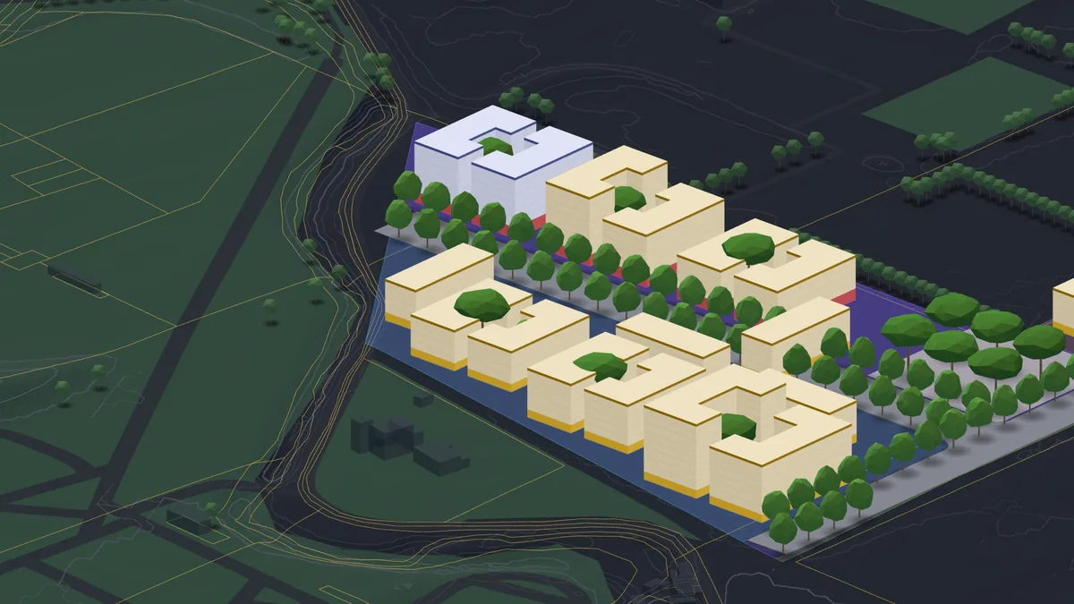 Scenario A of the demo quarter in Masterplan: courtyard blocks coloured by use along a tree-lined boulevard, seen from above.