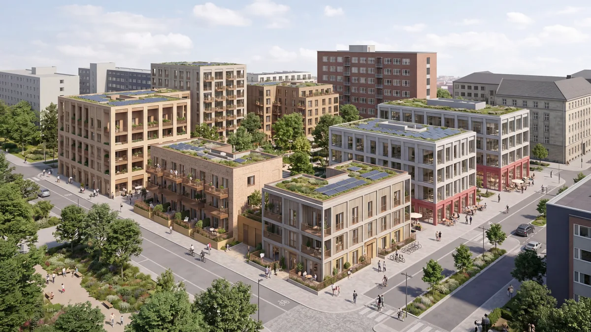 The same scenario as a photoreal AI visualization: brick and light-coloured courtyard buildings with green roofs and solar panels, a tree-lined street with people and cyclists.